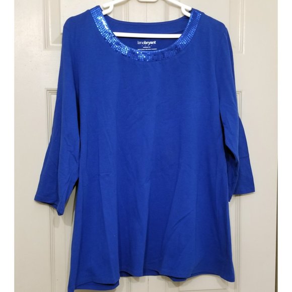 🆕️ Lane Bryant Blue Sequin Accent Neckline Modern Fit Top 3/4 Length Sleeve - Picture 1 of 3